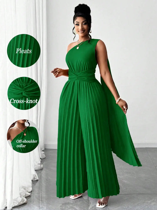 One Shoulder Pleated Jumpsuit With Cross Knot Waist For Occasions