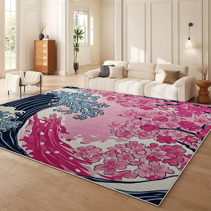 VIKAMA Japanese Cherry Blossom Wave Sofa Carpet Non Slip Mat