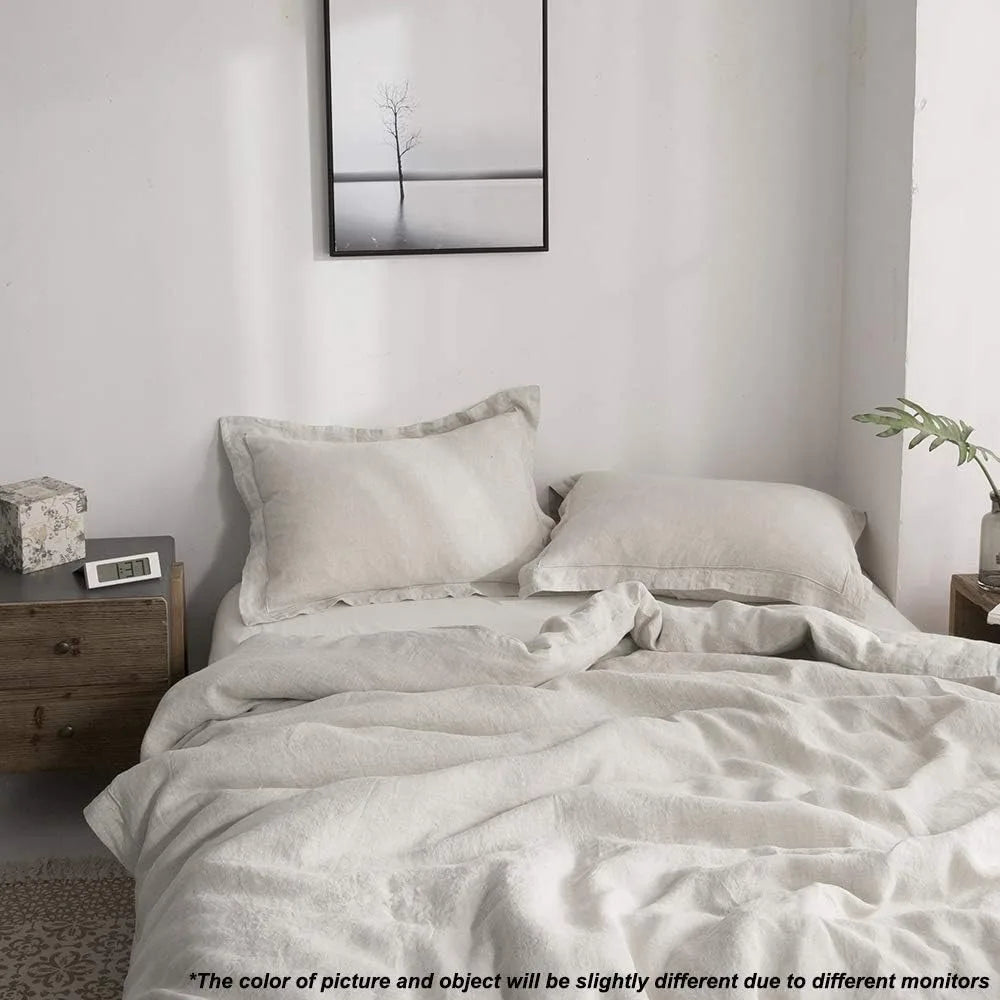Linen Duvet Cover Set Embroidered Washed With Button Closure