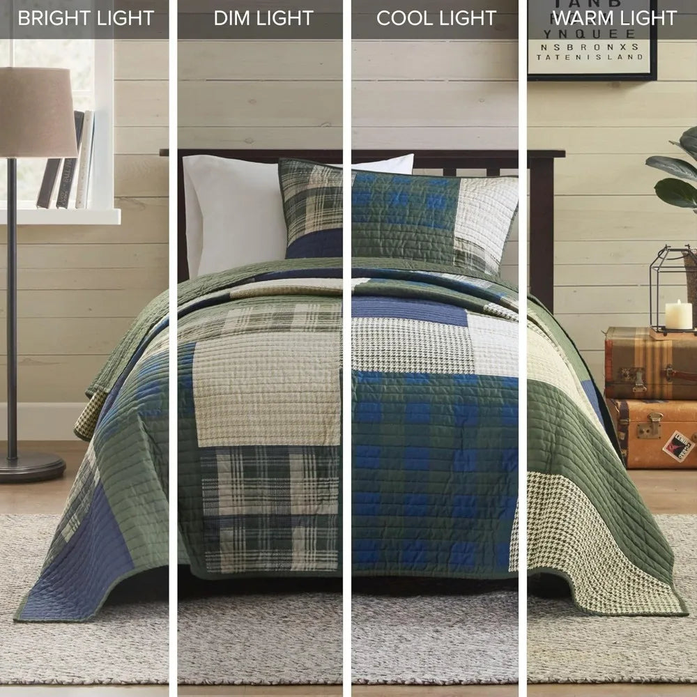 Patchwork Quilt Set With Channel Quilting 100 Percent Cotton Coverlet