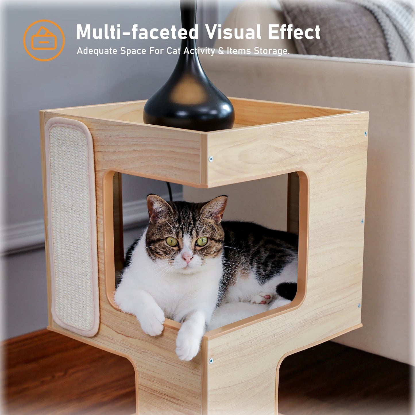 PAWZ Road Wood Cat Condo House Cat Tree With Removable Mats And Scratching Pad