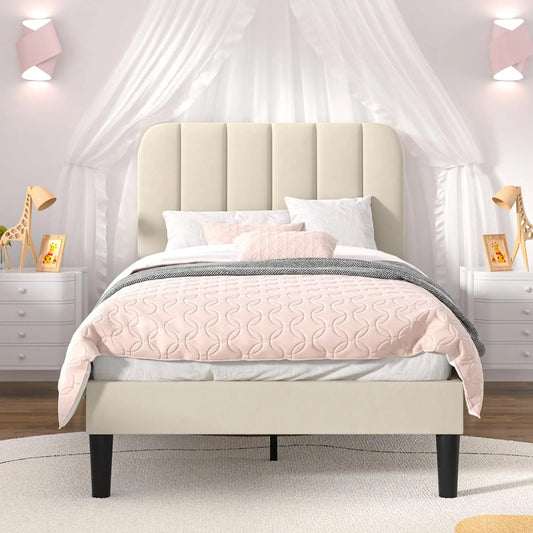 Velvet Upholstered Bed Frame With Adjustable Headboard And Slats
