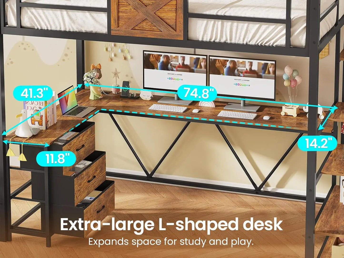 Loft Bed With L Shaped Desk And Wardrobe Metal Frame With Storage Stairs