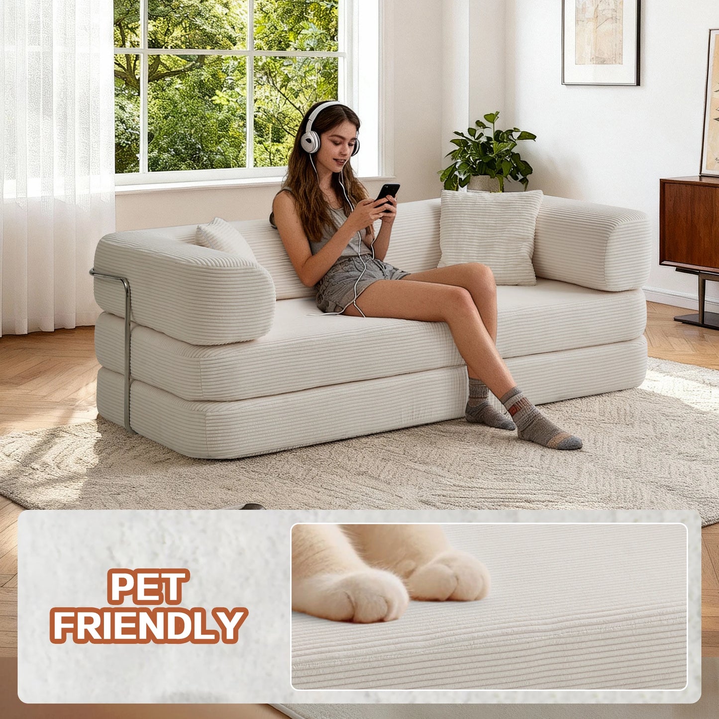 Futon Sofa Bed Foldable Convertible With L Shaped Armrests