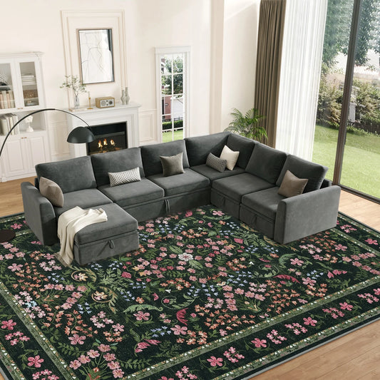 HiMISS Soft Vintage Floral Area Rug Rubber Backing Machine Washable Living Room