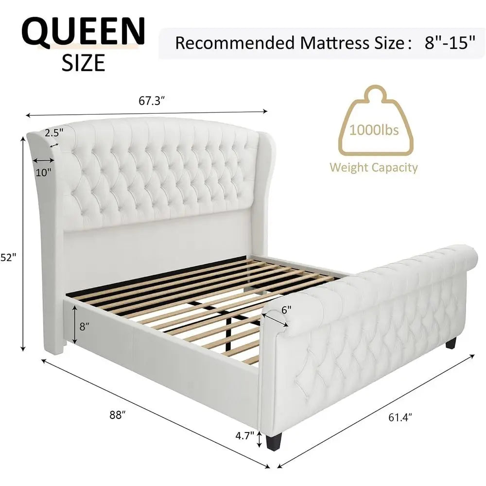 Chenille Upholstered Sleigh Bed With Scroll Wingback Headboard Footboard Tufted