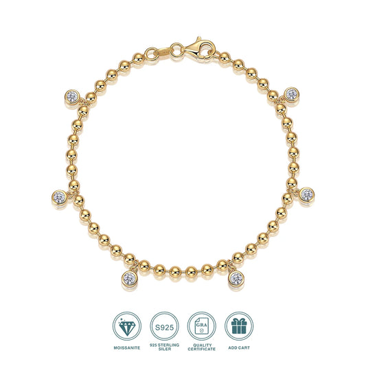 Moissanite Gold Plated Beaded Chain Bracelet Sterling Silver For Women