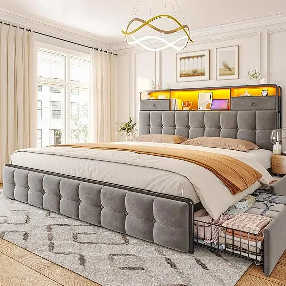 King Size Bed Frame with Upholstered Headboard and 6 Storage Drawers, Bed Frame with LED Lights and Charging Station