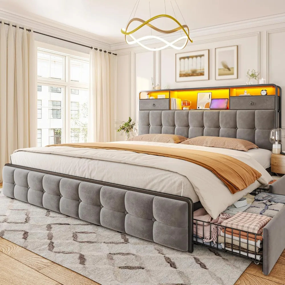 King Size Bed Frame with Upholstered Headboard and 6 Storage Drawers, Bed Frame with LED Lights and Charging Station