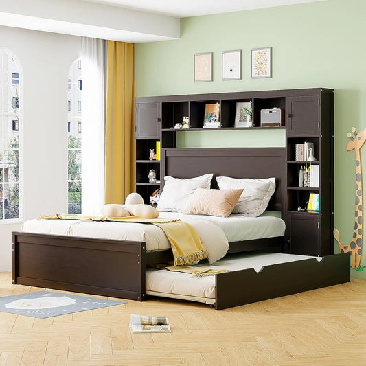 Storage Bed With Bookcase Headboard Platform Bed With Trundle Drawers