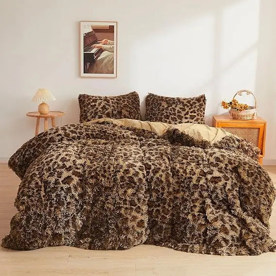 Cheetah Print Fluffy Faux Fur Duvet Cover Set 3 Pieces