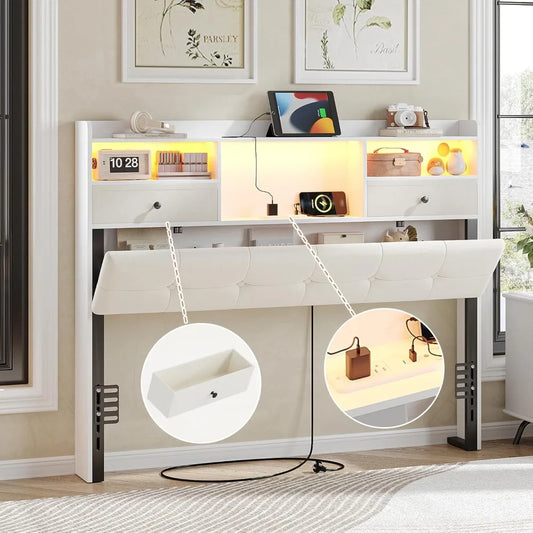 Upholstered Headboard With Storage Drawers Charging Station LED Lights
