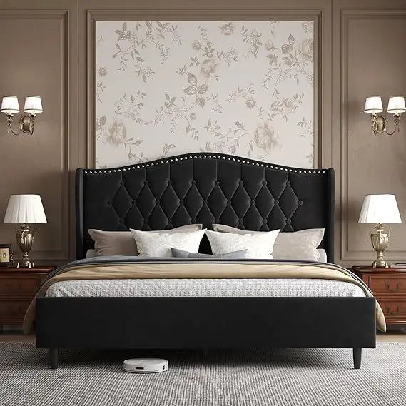 Bed Frame With Upholstered Velvet Headboard Wingback And Nailhead Trim
