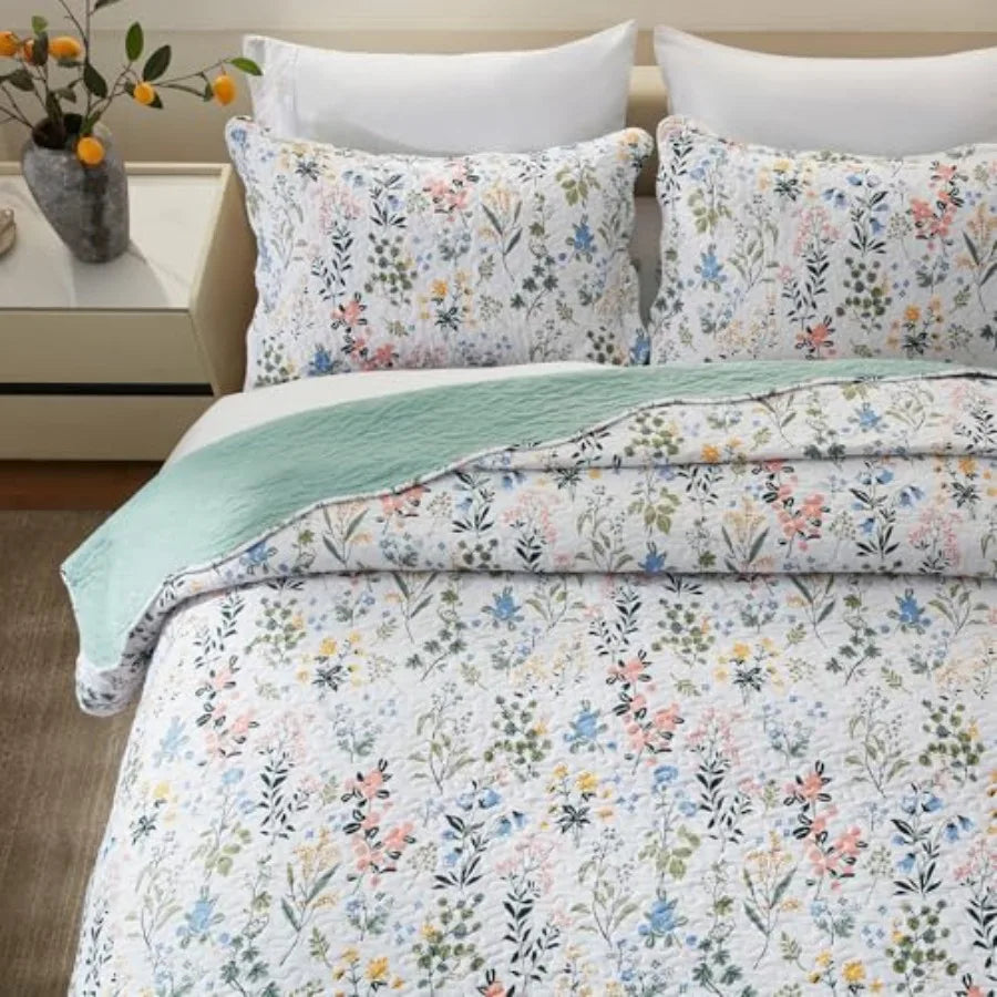 Garden Style Floral Printed 3 Piece Quilt Set Cotton Bedding