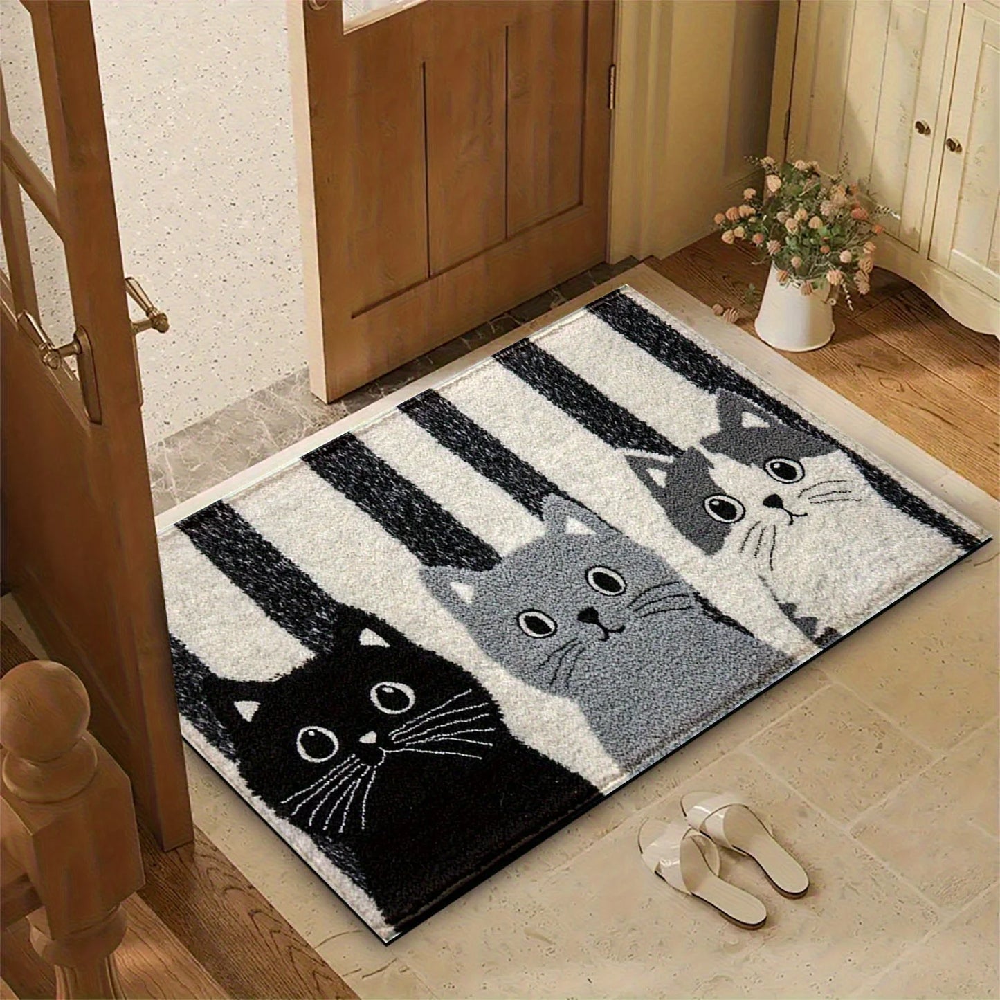 Striped Cartoon Cat Doormat Waterproof Floor Mat for Bedroom and Living Room