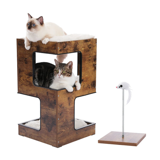 PAWZ Road Wood Cat Condo House Cat Tree With Removable Mats And Scratching Pad