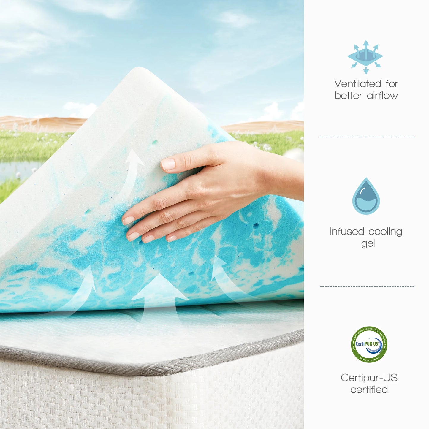 NONECN Gel Memory Foam Mattress Topper with Cooling Breathable Comfort