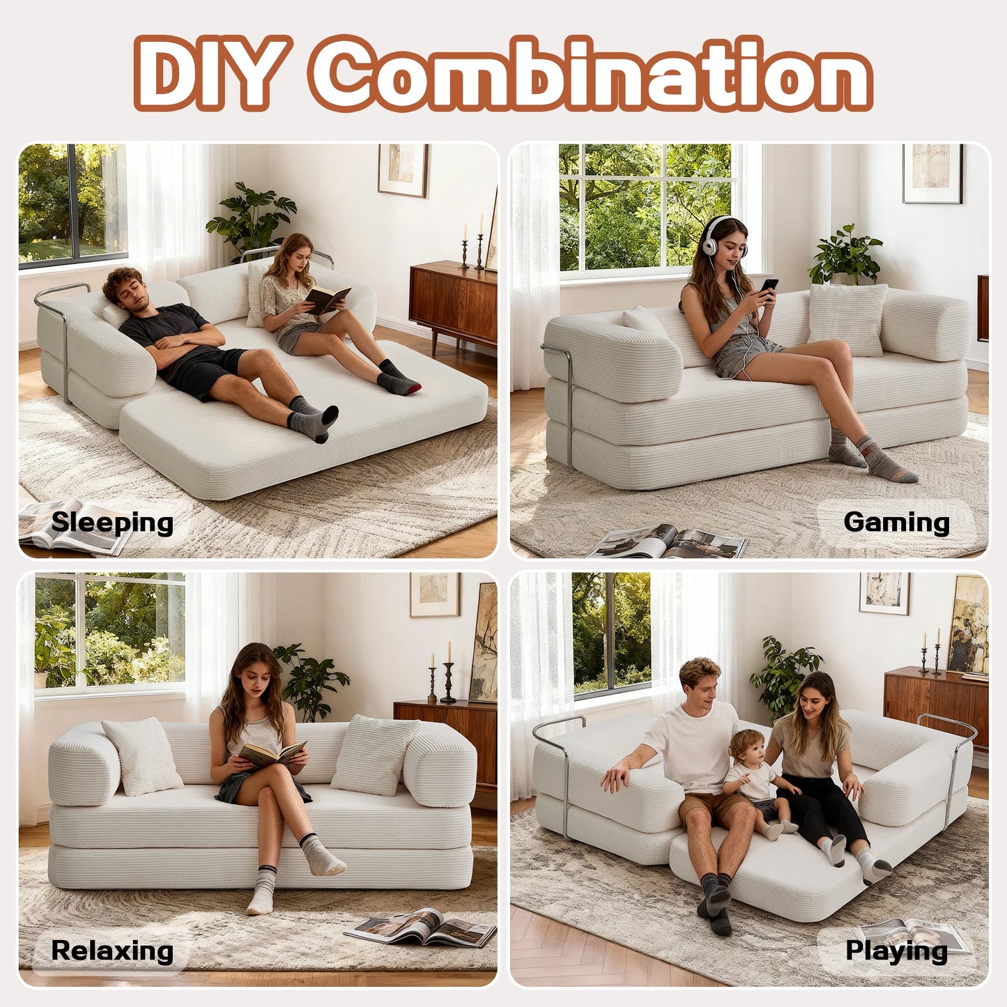Futon Sofa Bed Foldable Convertible With L Shaped Armrests