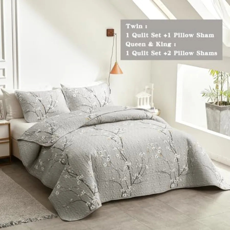 Three Piece Reversible Quilt Set 100 Percent Cotton Floral Branch Pattern
