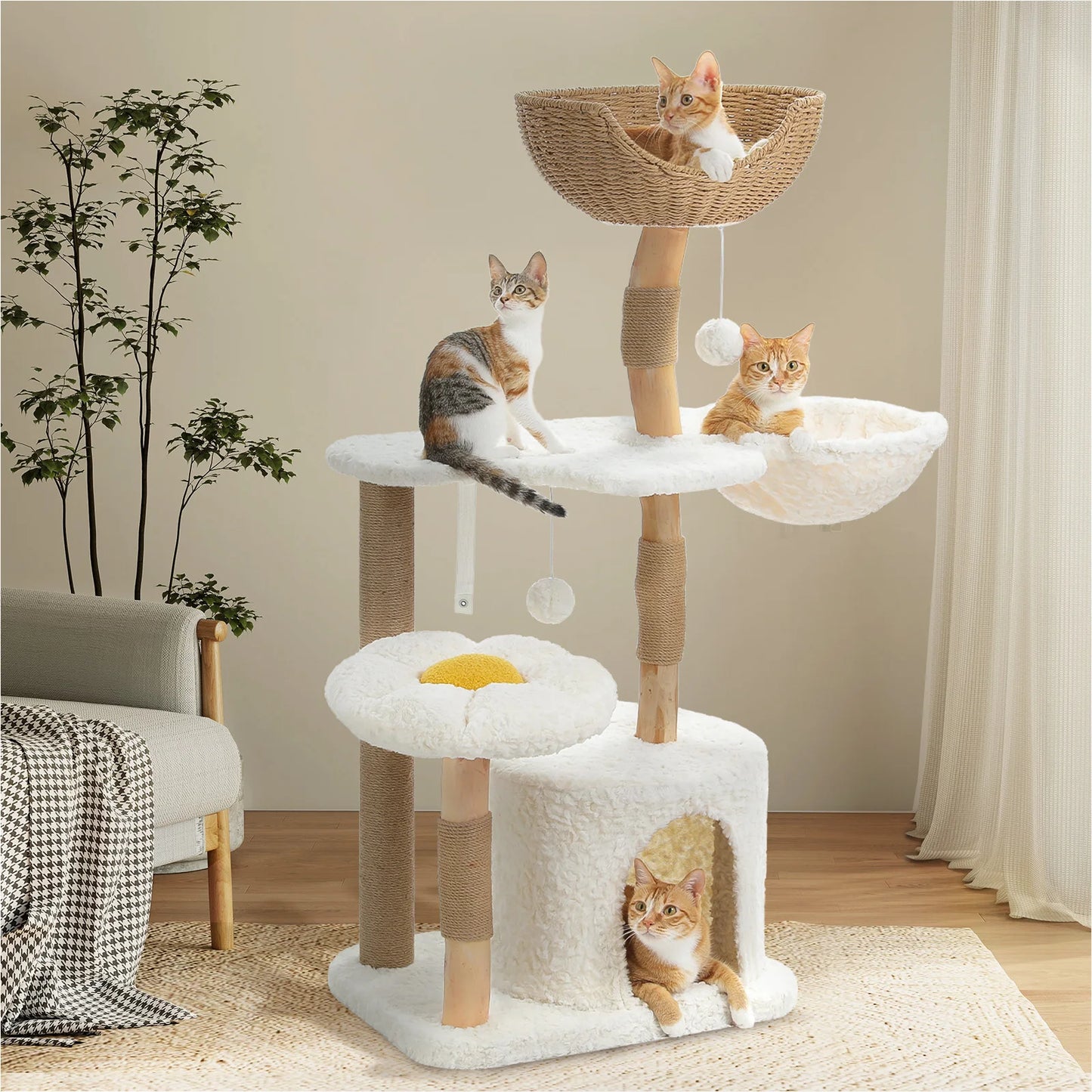 PEQULTICN Solid Wood Cat Tree Five Tier Modern Cat Tower
