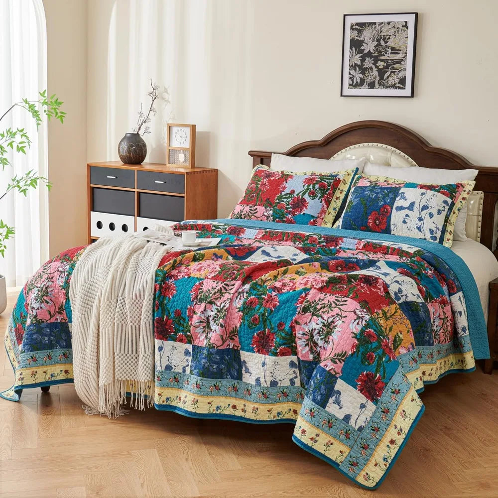 100% Cotton Patchwork Quilt Queen Size Set Lightweight Floral Queen Quilts Bedding Set Bedspread Coverlet Reversible Bed
