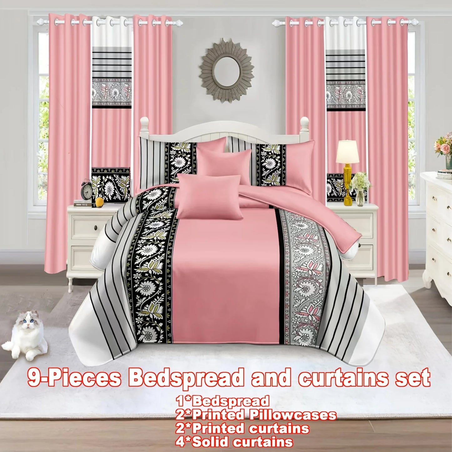 9 Piece Bedspread And Curtain Set With Patterned Bedspread And Pillowcases