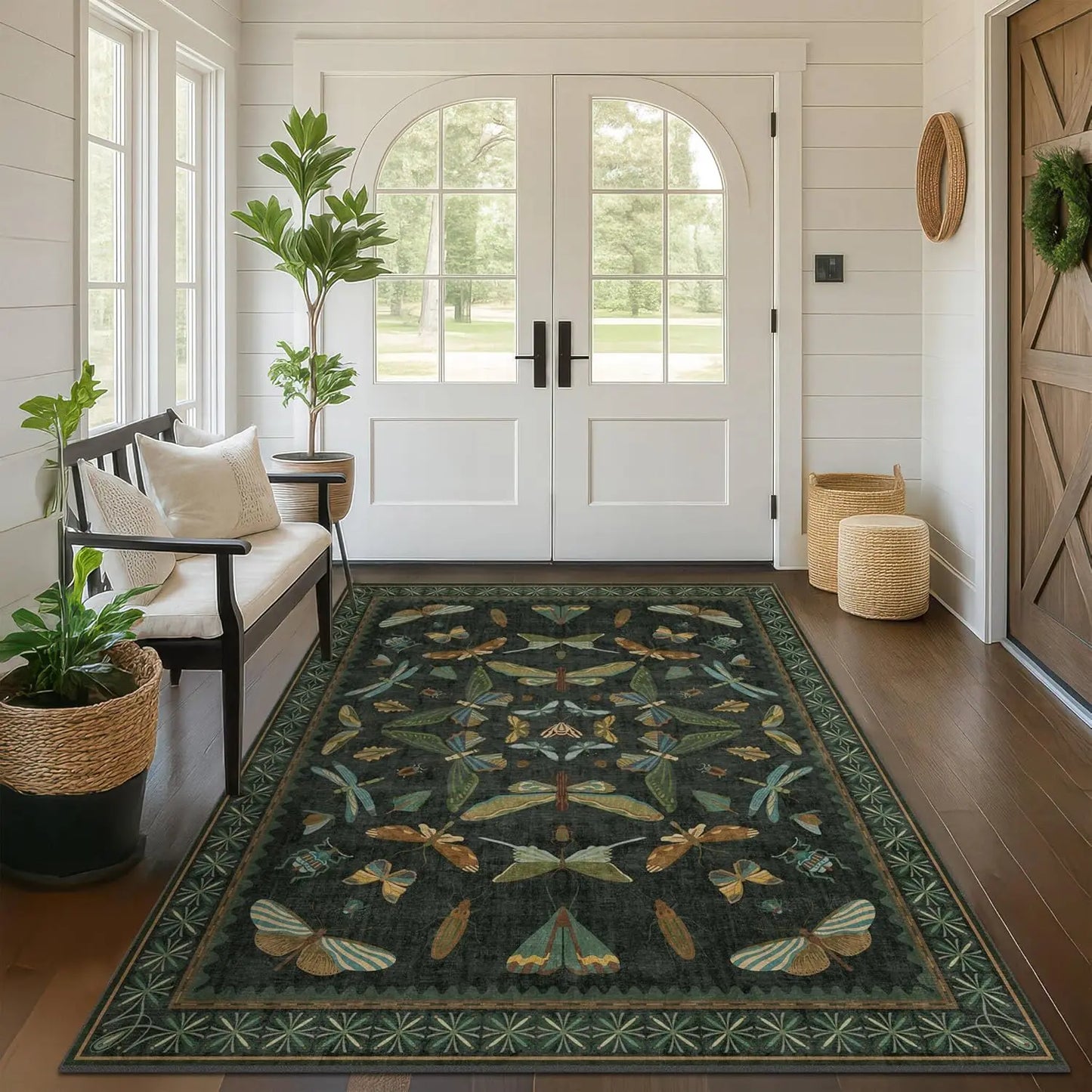 Wool Silk Striped Area Rug Non Slip Washable Living Room