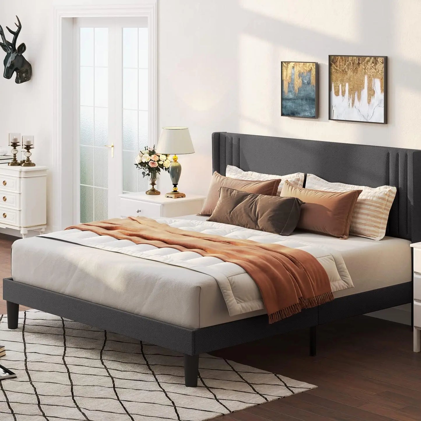 NONECN Wingback Upholstered Bed Frame With Slats And Easy Assembly