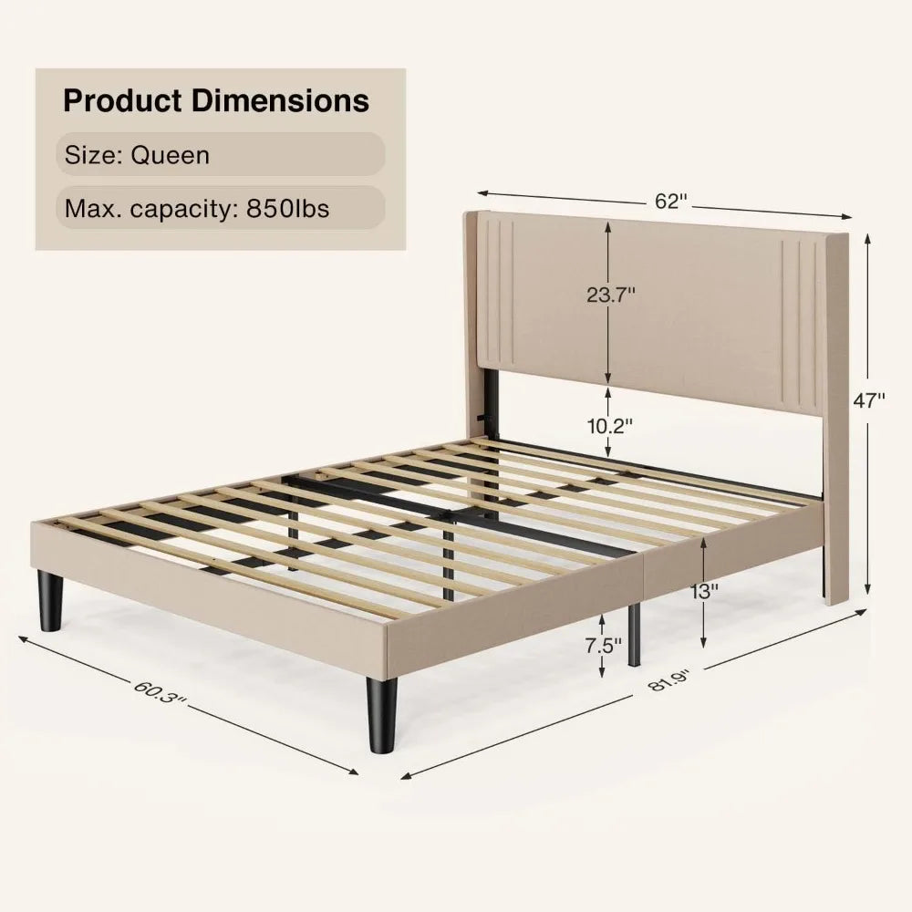 NONECN Wingback Upholstered Bed Frame With Slats And Easy Assembly