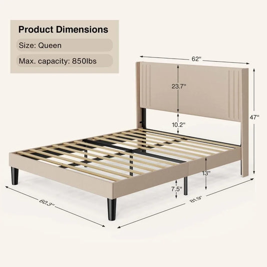 NONECN Wingback Upholstered Bed Frame With Slats And Easy Assembly