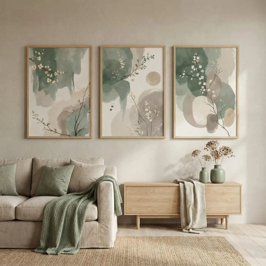 3pcs Frameless Japanese Plant Wall Art,Abstract Watercolor Leaves,Sage Green Beige Prints,Modern Zen Decor,Digital Download