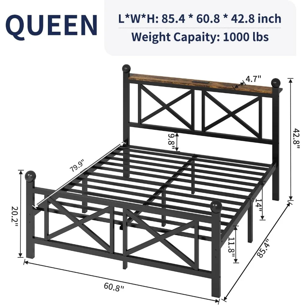 Sturdy Metal Bed Frame With LED Lighting And Charging Station