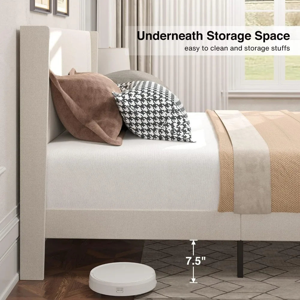 NONECN Wingback Upholstered Bed Frame With Slats And Easy Assembly
