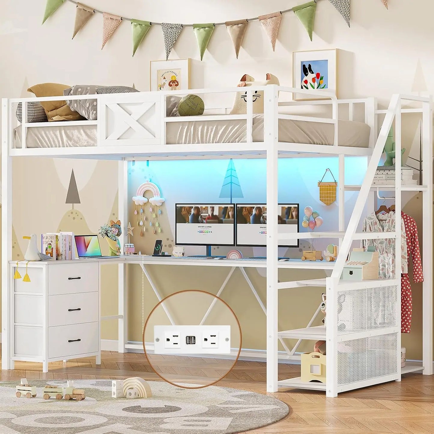 Loft Bed With L Shaped Desk And Wardrobe Metal Frame With Storage Stairs