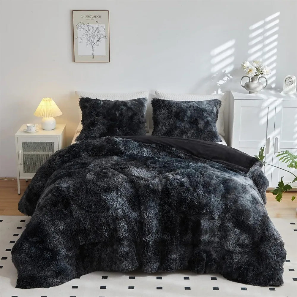Faux Fur Plush Comforter Set Fluffy Shaggy Bedding 3 Piece