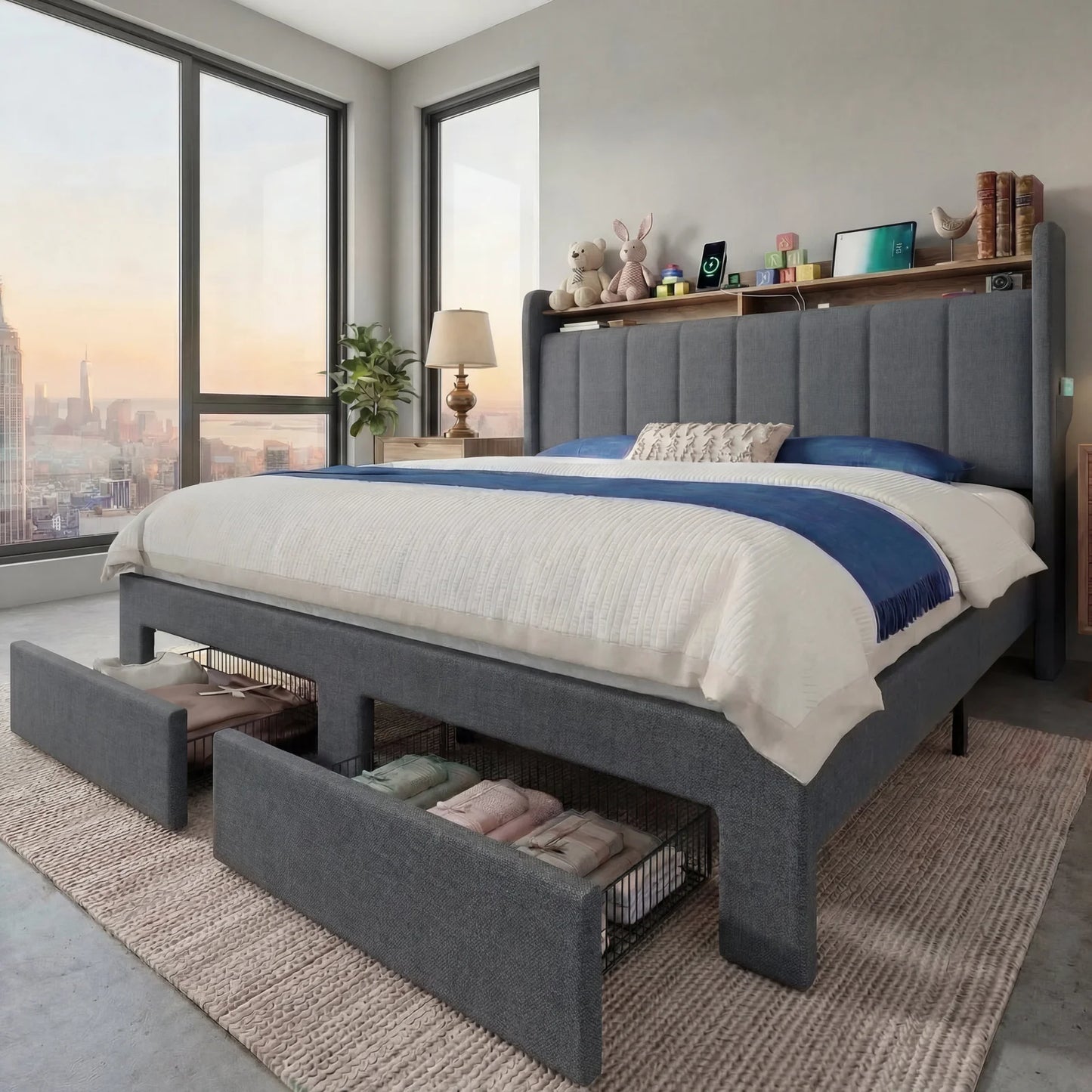 HOOMIC Bed Frame With Storage Drawers and LED Charging Station