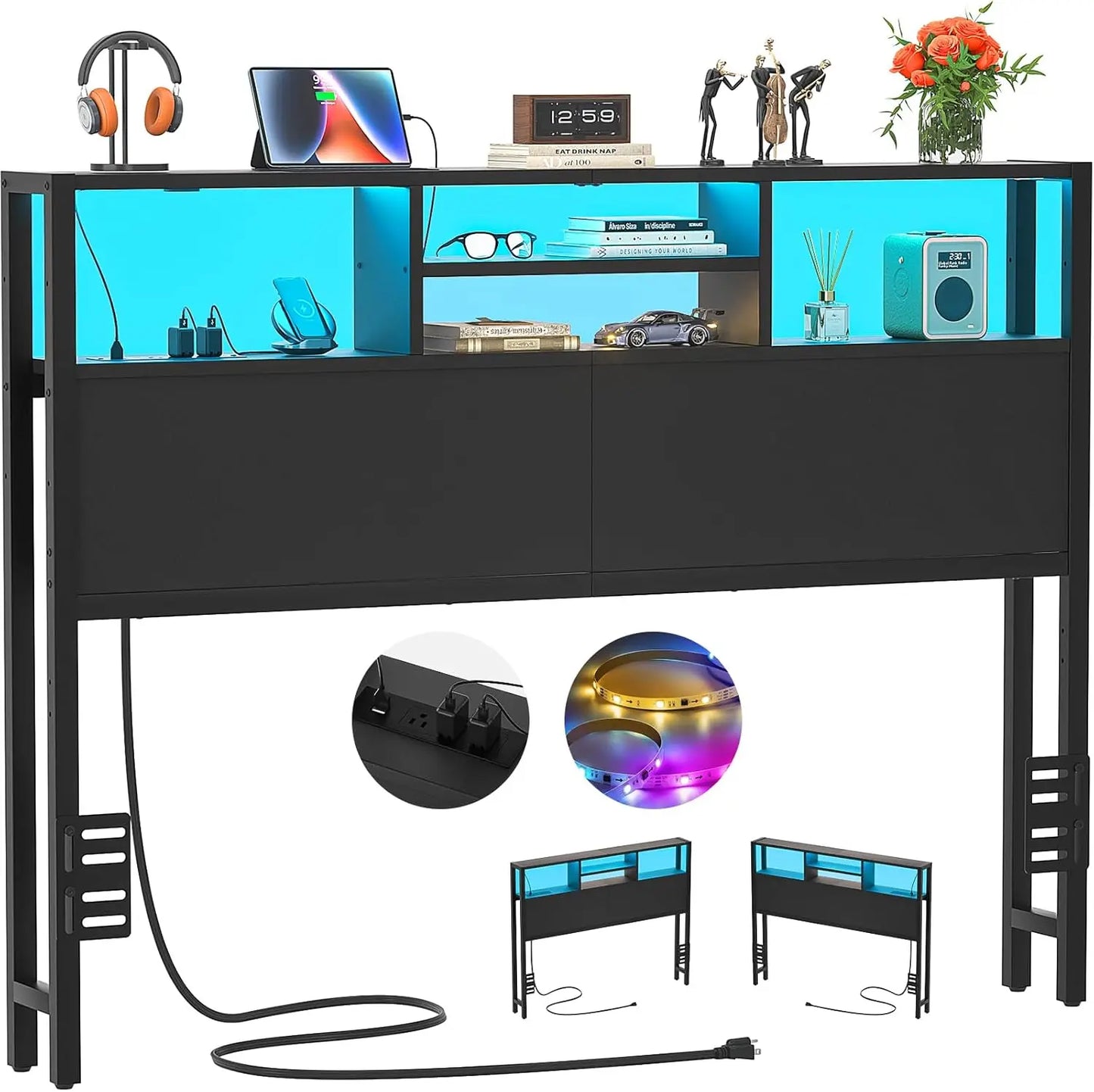 Bed Headboard With Storage Outlets USB LED Light Adjustable Height