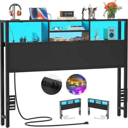 Bed Headboard With Storage Outlets USB LED Light Adjustable Height
