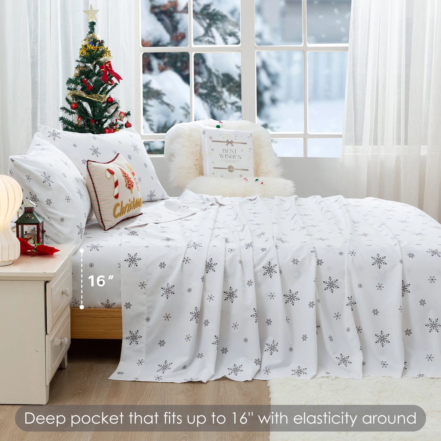 All Season Snowflakes Twin Queen Size Bedding Sets - Cute Snow Bed Sheet Sets Pillowcase 15 inch Pocket for Kids Boy Girl