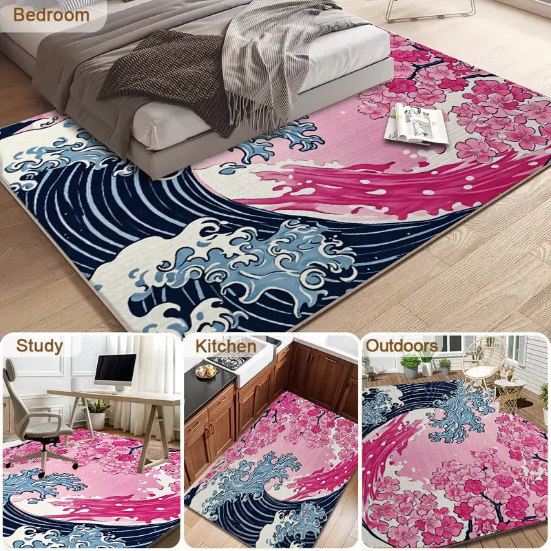 VIKAMA Japanese Cherry Blossom Wave Sofa Carpet Non Slip Mat