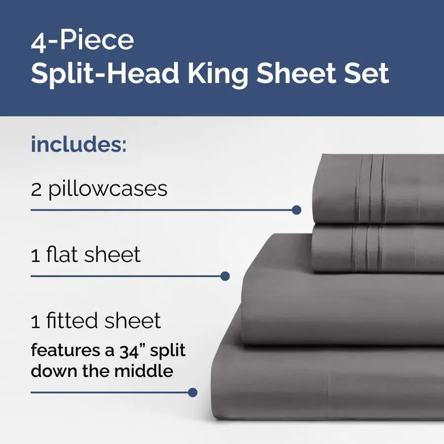 Head King Sheets Set Top Split King Sheets for Adjustable Beds, EasyFit Split Head King Mattress Flex Split Top King Sheets, Eas