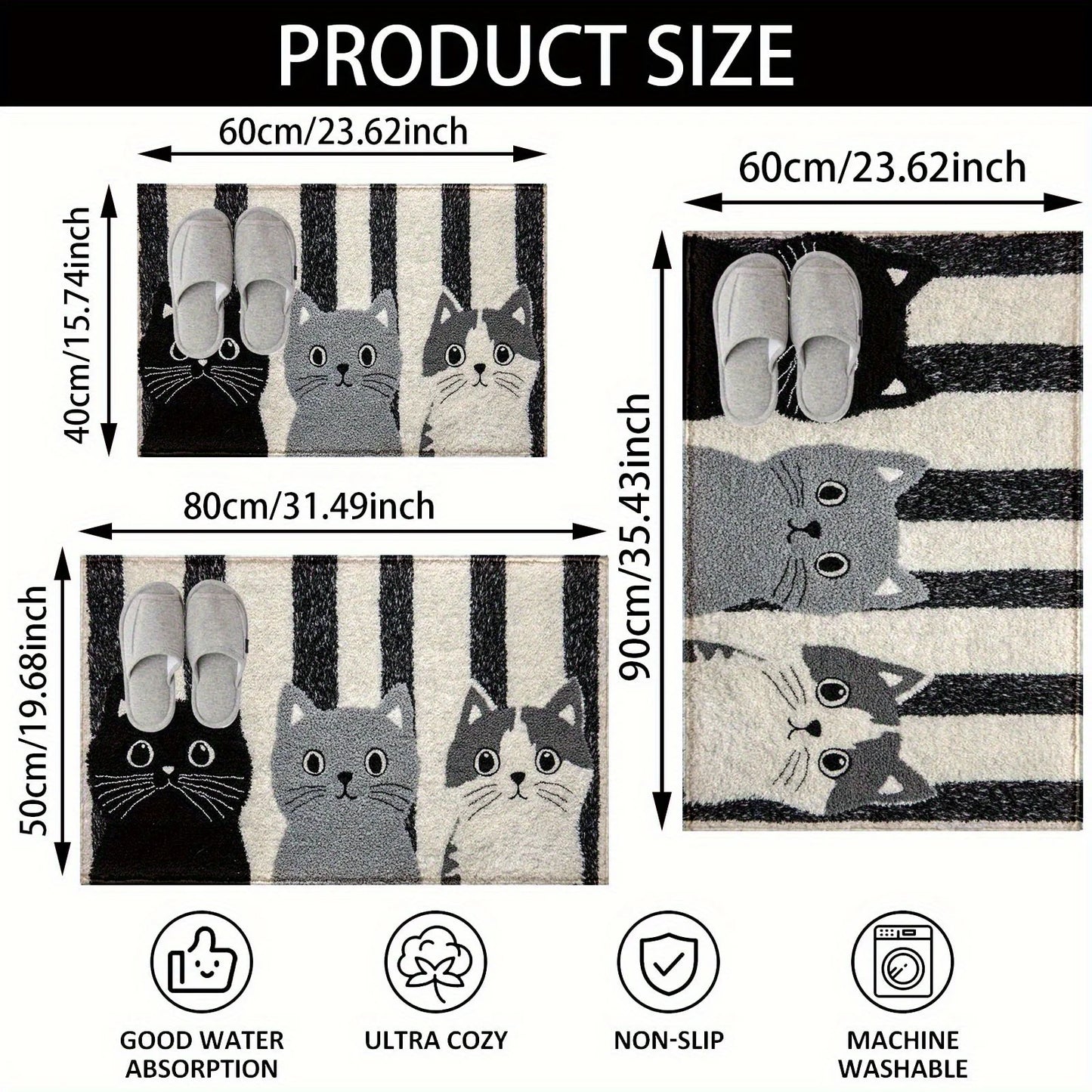 Striped Cartoon Cat Doormat Waterproof Floor Mat for Bedroom and Living Room