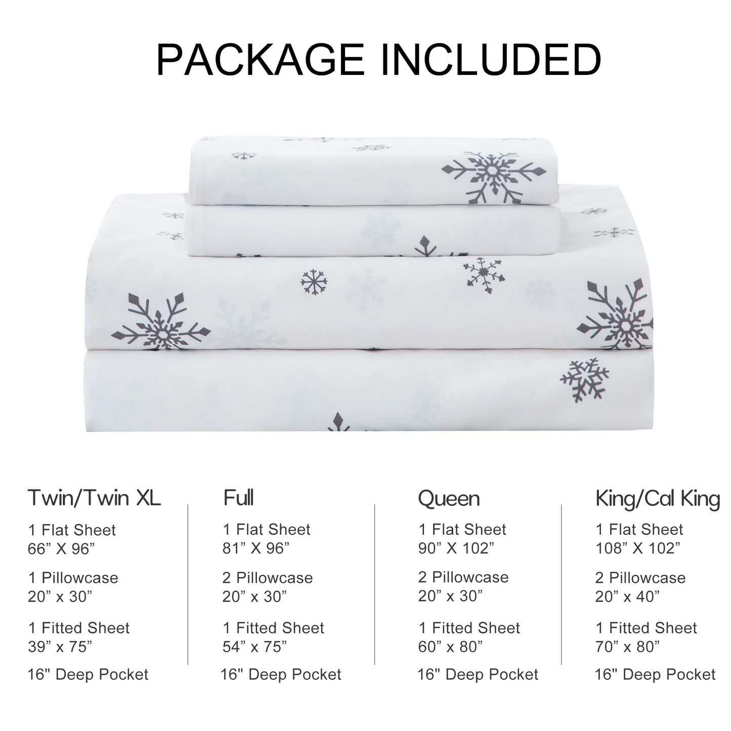 All Season Snowflakes Twin Queen Size Bedding Sets - Cute Snow Bed Sheet Sets Pillowcase 15 inch Pocket for Kids Boy Girl