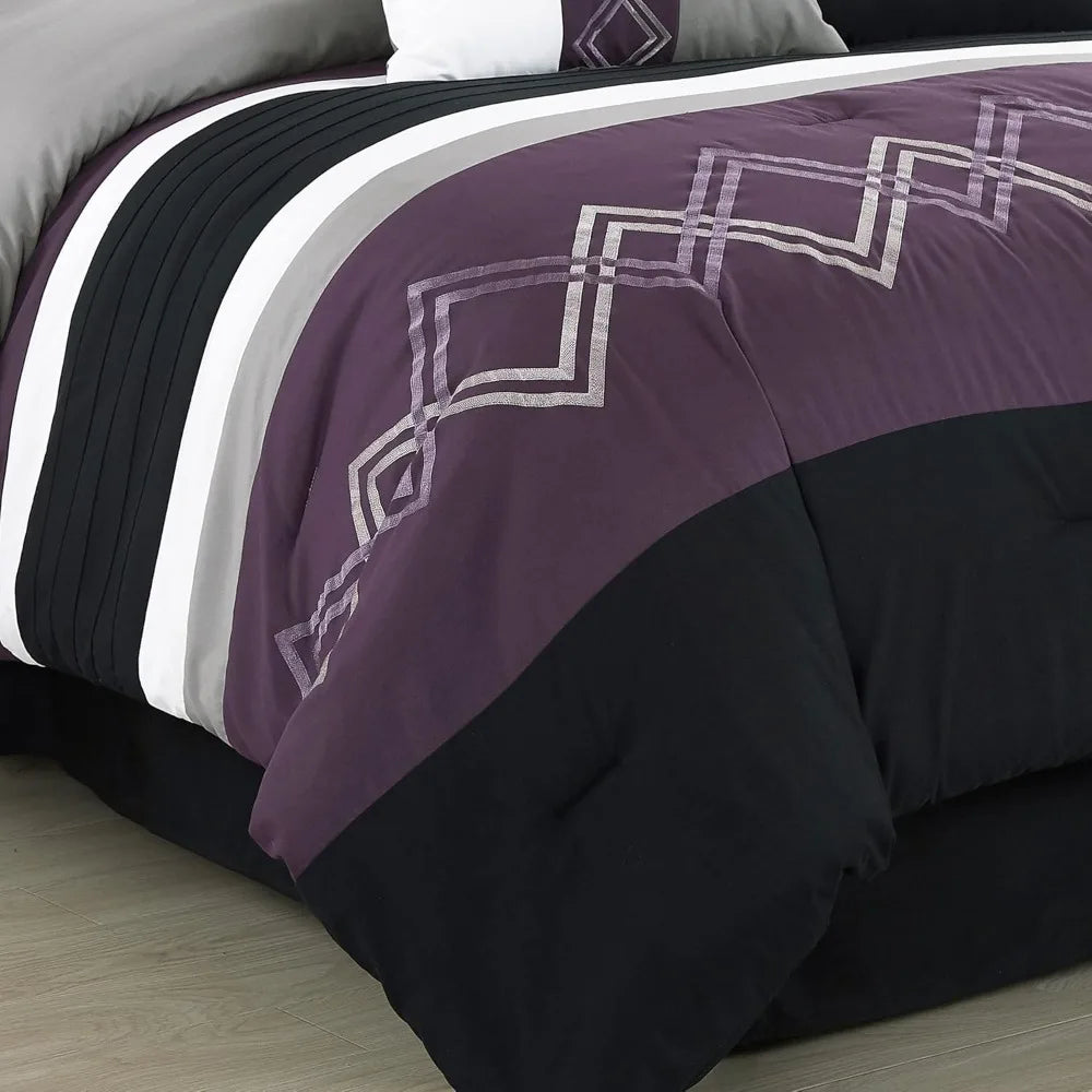 7 Piece Modern Pleated Stripe Embroidered Zigzag Bedding Comforter Set