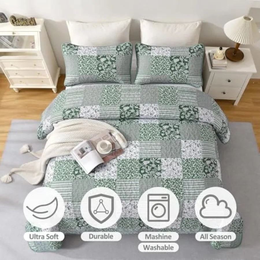 Cotton Quilt Set Patchwork Reversible Bedding 3 Pieces