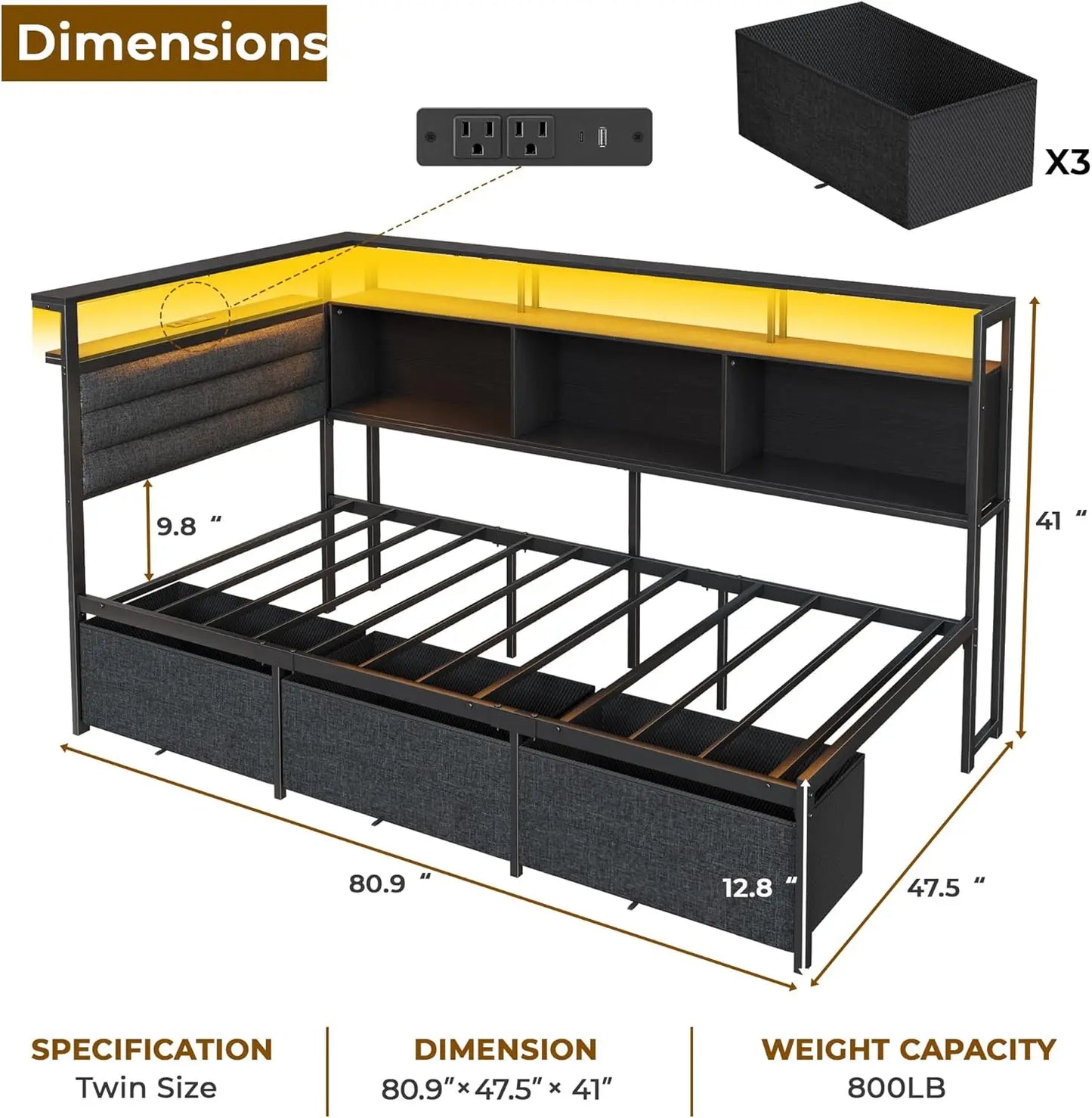 Corner Bed Frame With Storage Bookcase And LED Lights Headboard Charging Station