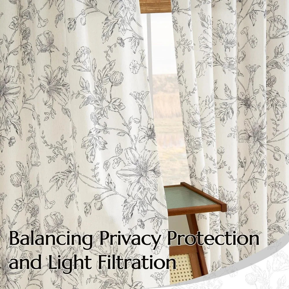 Floral Pinch Pleated Linen Curtains for Living Room
