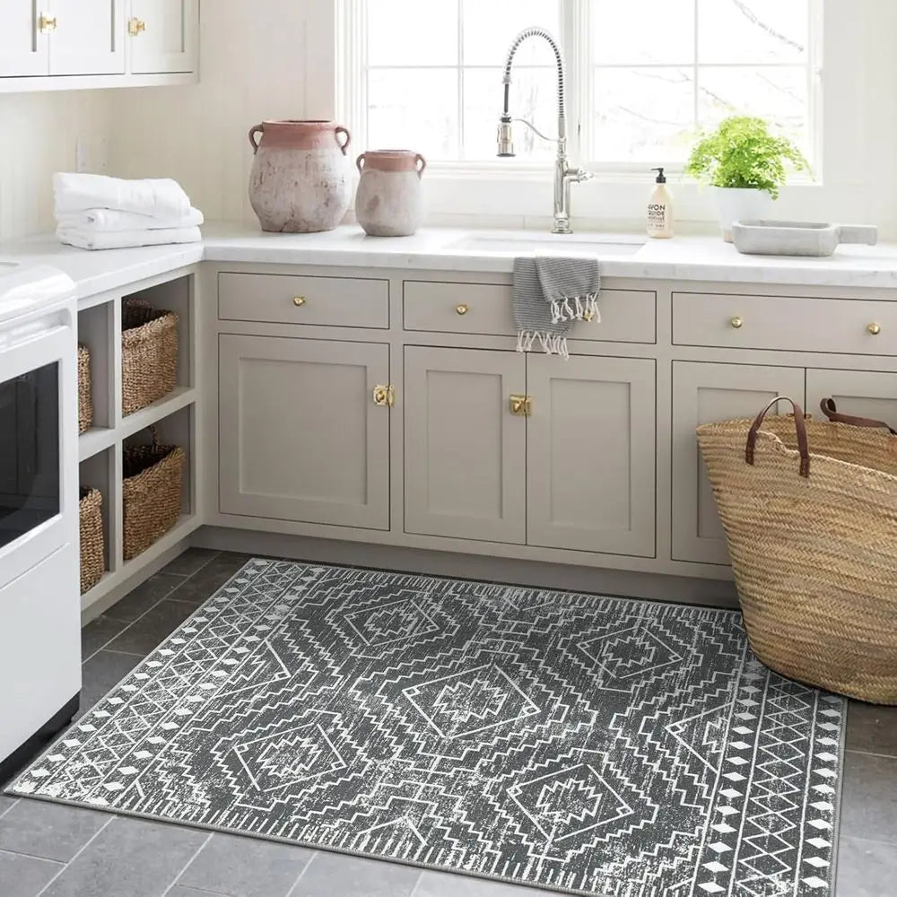 Moroccan Geometric Washable Cotton Rug Non Slip Living Room Mat