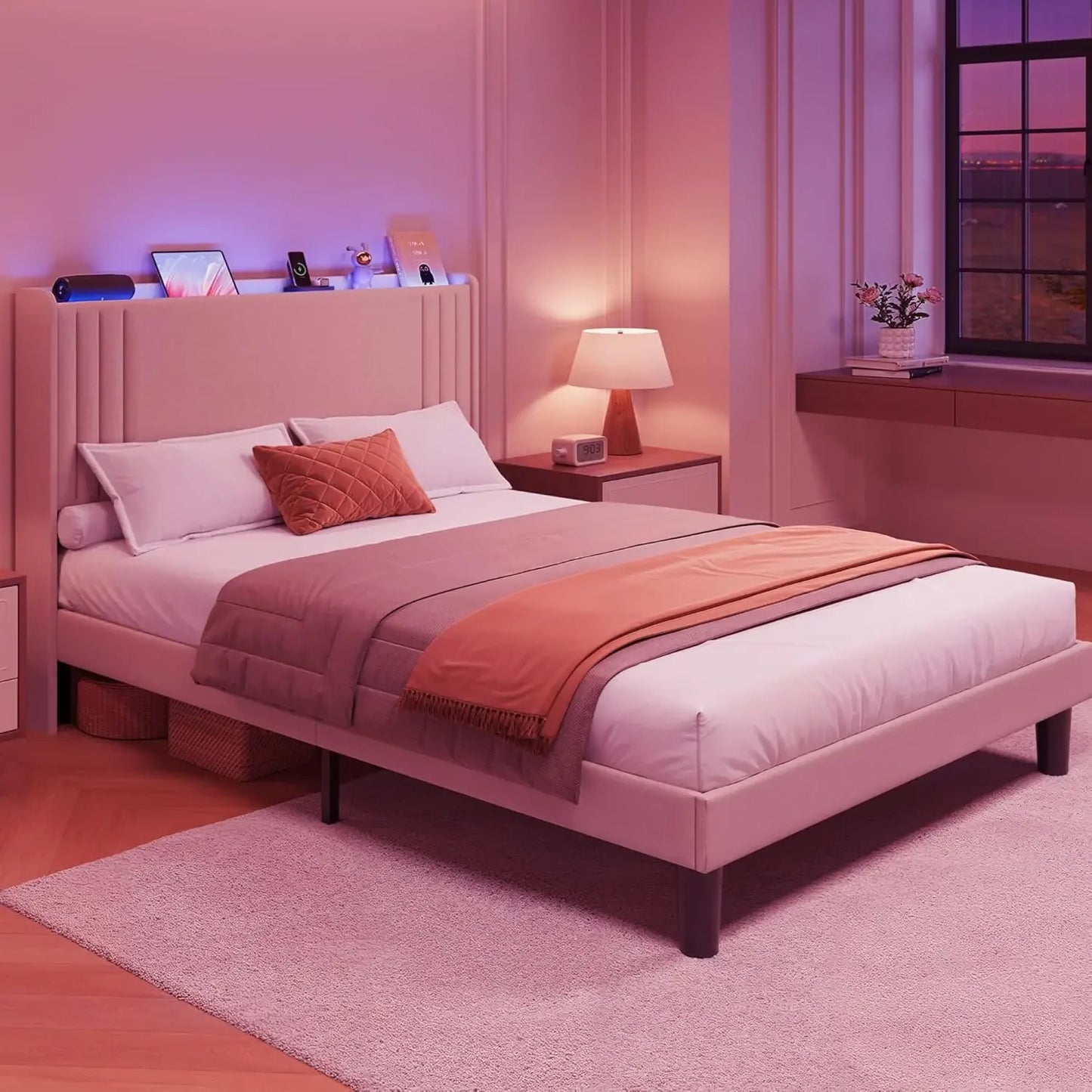 NONECN Wingback Upholstered Bed Frame With Slats And Easy Assembly
