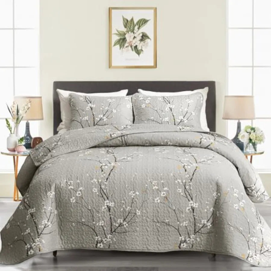 Three Piece Reversible Quilt Set 100 Percent Cotton Floral Branch Pattern